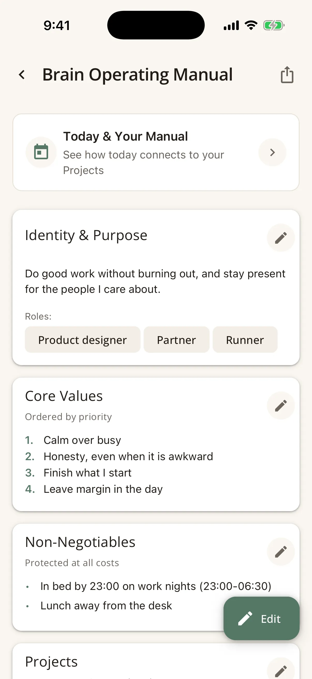 The Brain Operating Manual with sections for identity and purpose, roles, core values and non-negotiables.