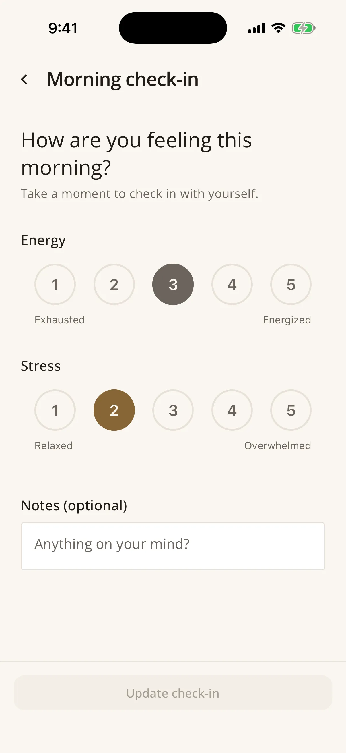 The morning check-in screen with energy and stress each rated on a five-point scale and space for an optional note.