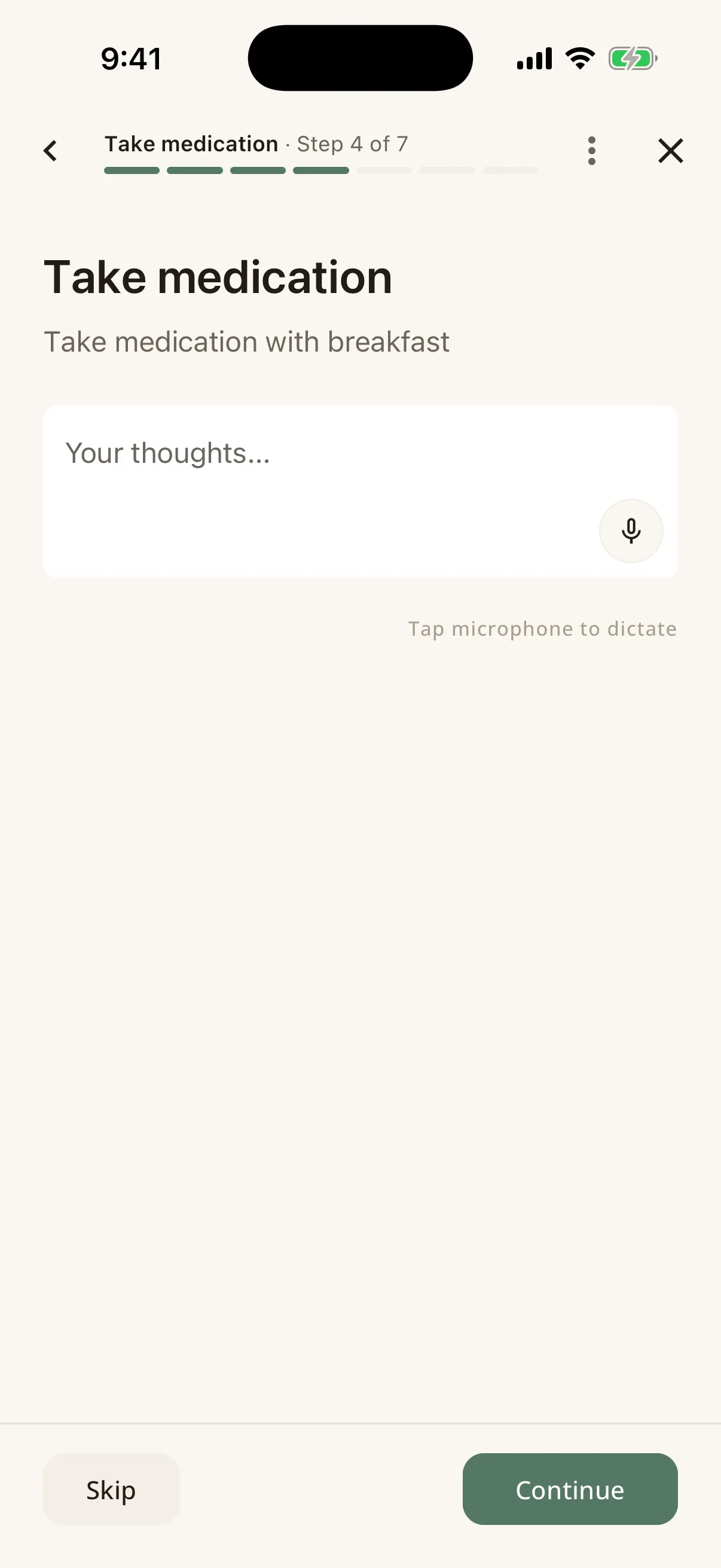 A custom morning ritual step, Take medication, shown as step four of seven inside the daily planning flow, with space to add a thought by typing or dictation.