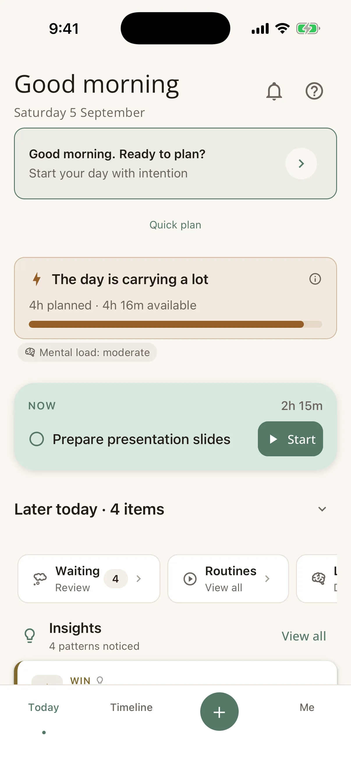 The Today screen on a full day: the capacity banner reads 'The day is carrying a lot', and the NOW card suggests a single task, Prepare presentation slides, with a Start button.