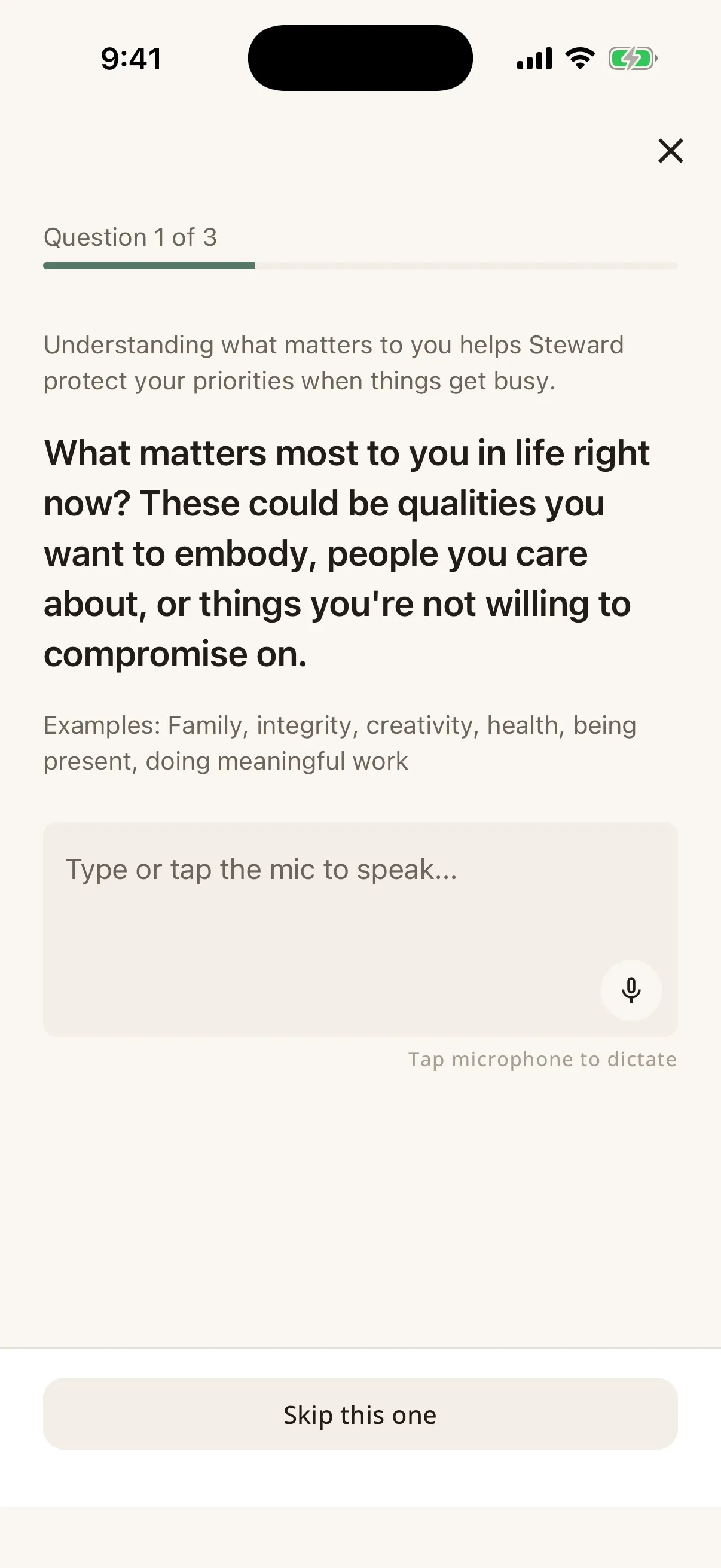 The first onboarding question, asking what matters most to you in life right now, with example answers, a text box and a skip option.