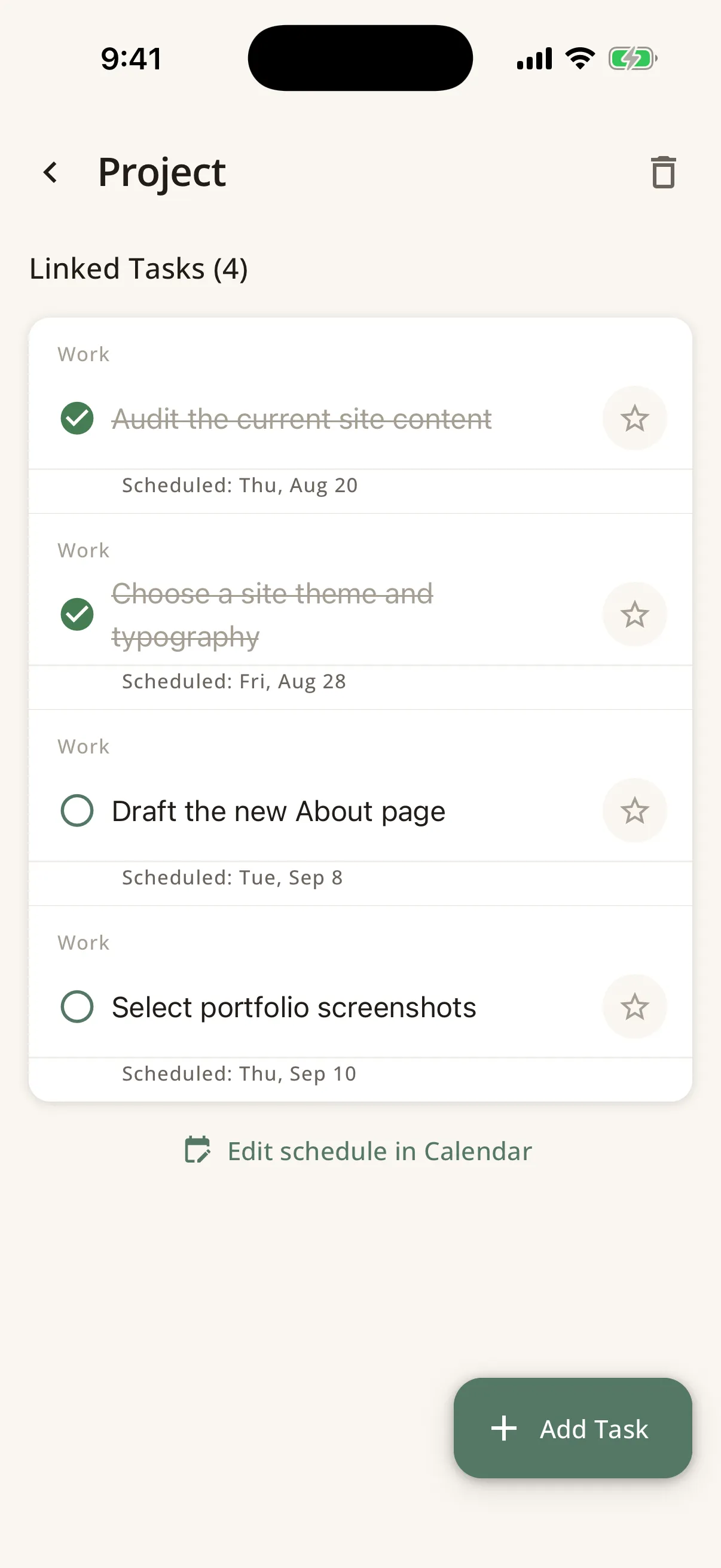 A project's linked tasks: two completed and crossed through, two scheduled ahead, with progress counted against the project.