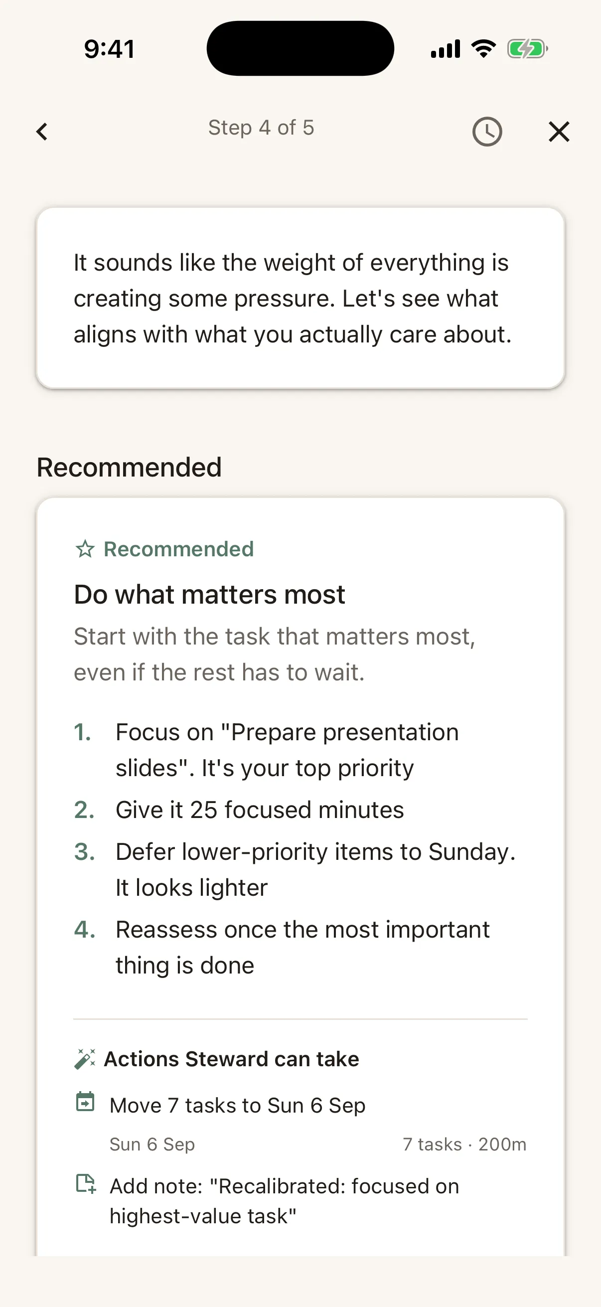 The Recalibrate results step recommending a plan called Do what matters most, with actions Steward can take, including moving seven tasks to Sunday.