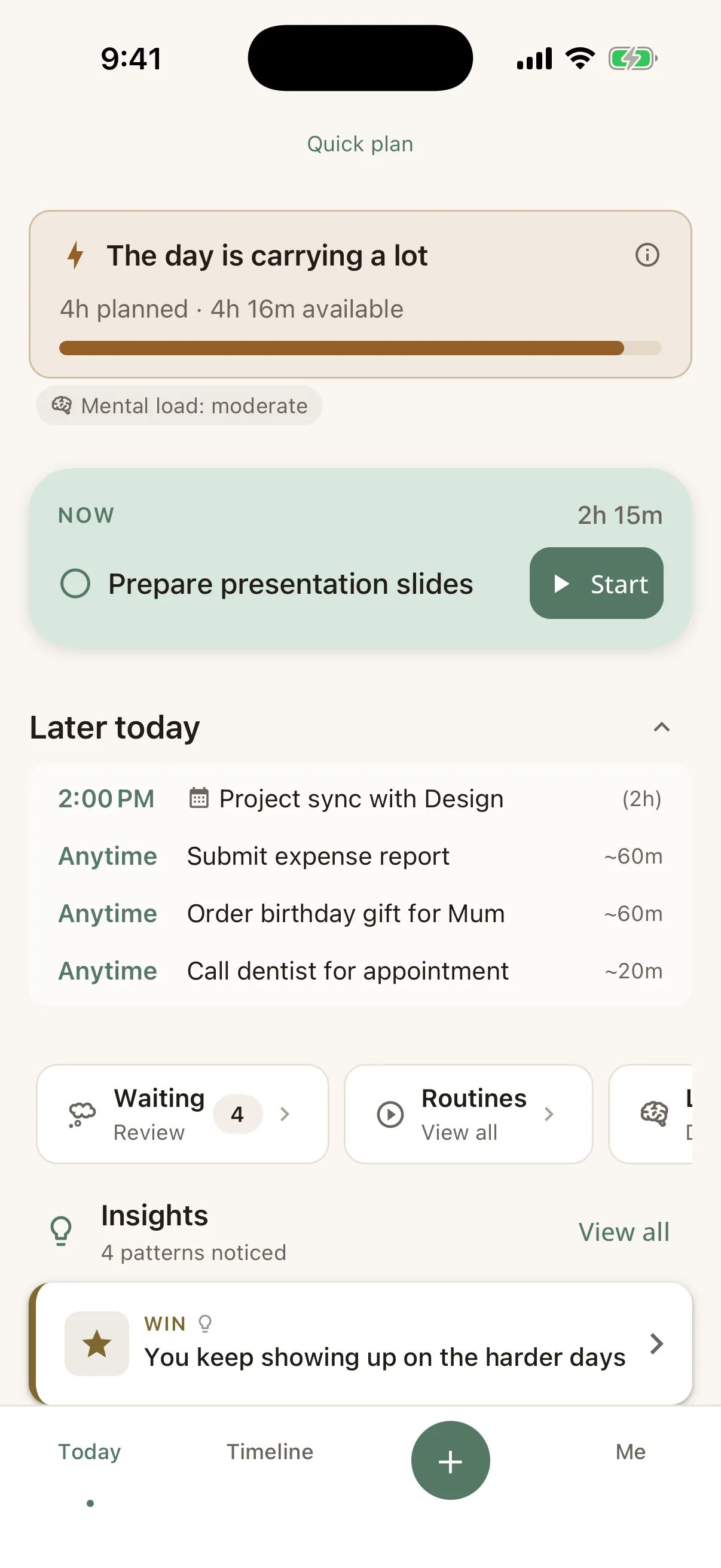 The Today plan with the capacity bar, a key task, an expanded Later today list including a 2:00 PM calendar event, and a Waiting card holding four items.